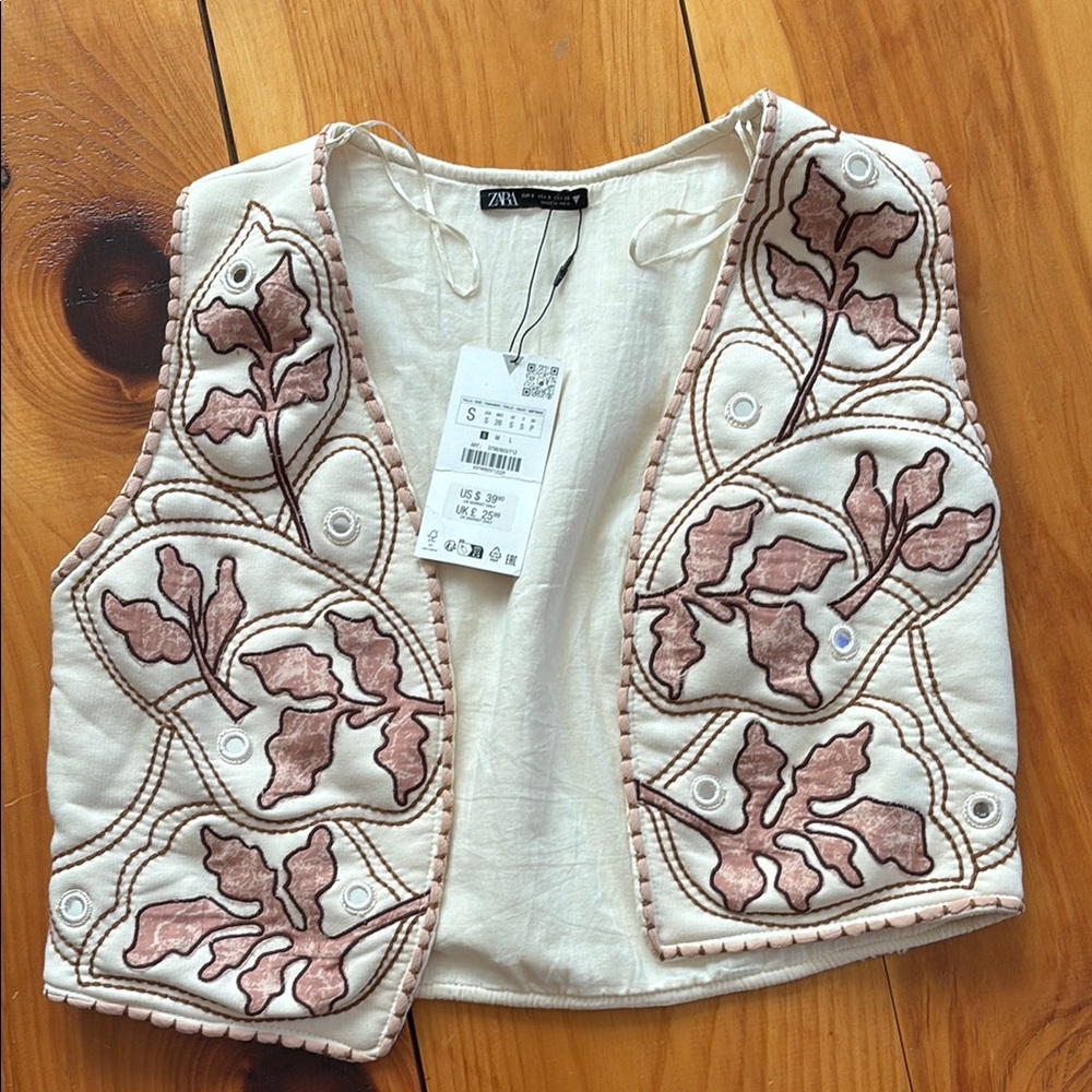 Zara Embroidered Cream and Pink Vest